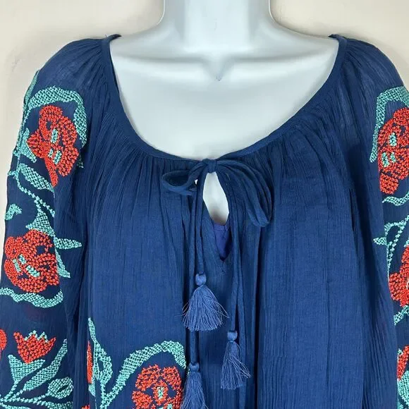 Trina Turk Blue Embroidered Boho Cotton Lined Floral Tunic Dress Size 6 NEW - Picture 7 of 15